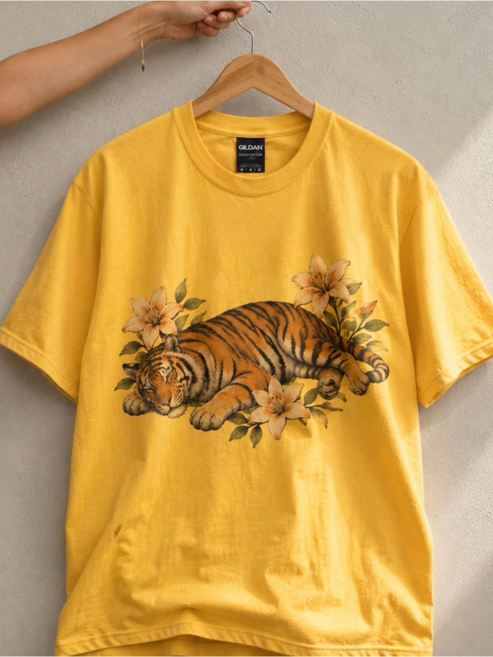 Gildan Daisy Short-Sleeve Tee with Resting Tiger & Floral Graphic